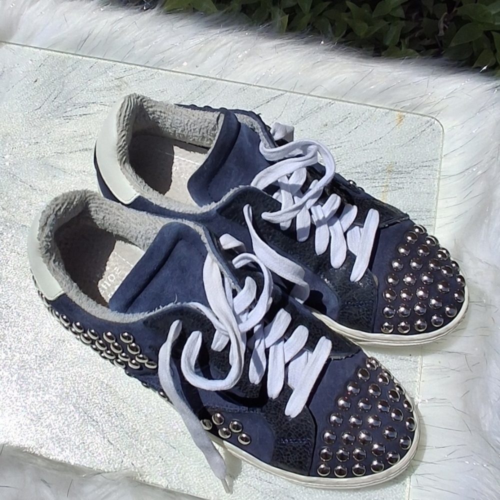 The Shoe Box Studs Side Star Suede Blue Lace-up Sneakers Italy Women Size 37/US7 - Picture 3 of 16